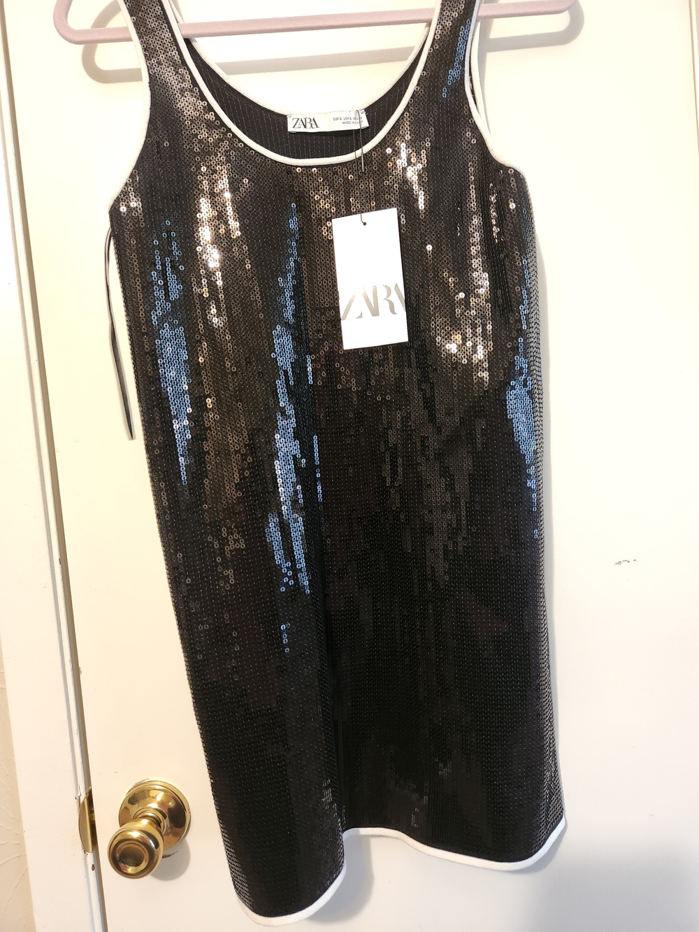 Zara Black Sequin Tank Dress with White Trim